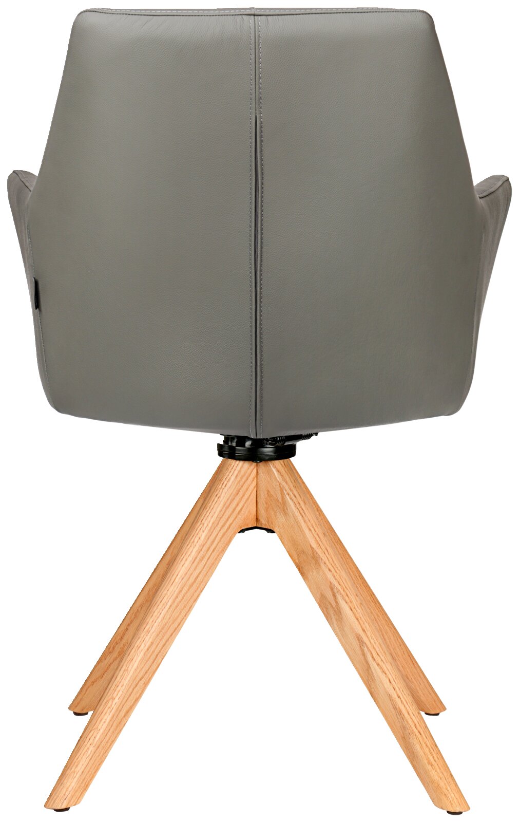Achterkant van een grijze fauteuil met houten poten in een driepootontwerp.