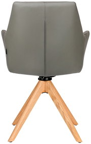 Achterkant van een grijze fauteuil met houten poten in een driepootontwerp.