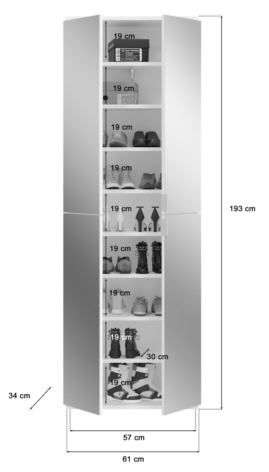 Garderobenkombination mit mehreren Fächern, gefüllt mit Schuhen und Boxen, in Frontalansicht. Maße: 193 cm hoch, 61 cm breit, 34 cm tief.