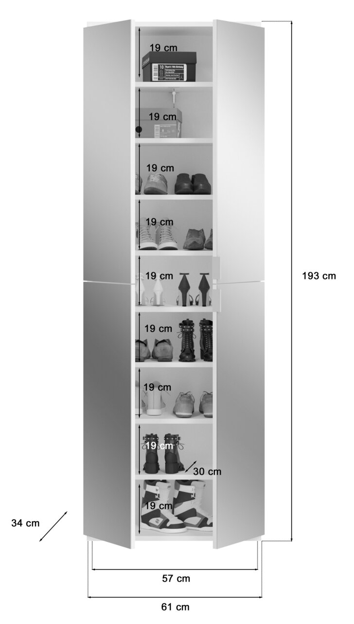 Garderobenkombination mit mehreren Fächern, gefüllt mit Schuhen und Boxen, in Frontalansicht. Maße: 193 cm hoch, 61 cm breit, 34 cm tief.