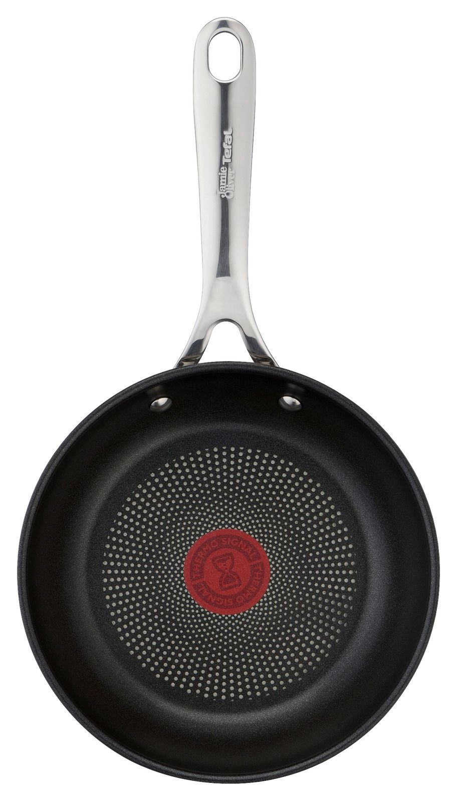 Bratpfanne Jamie Oliver Smart von oben mit Edelstahlgriff und rotem Thermo-Spot in der Mitte