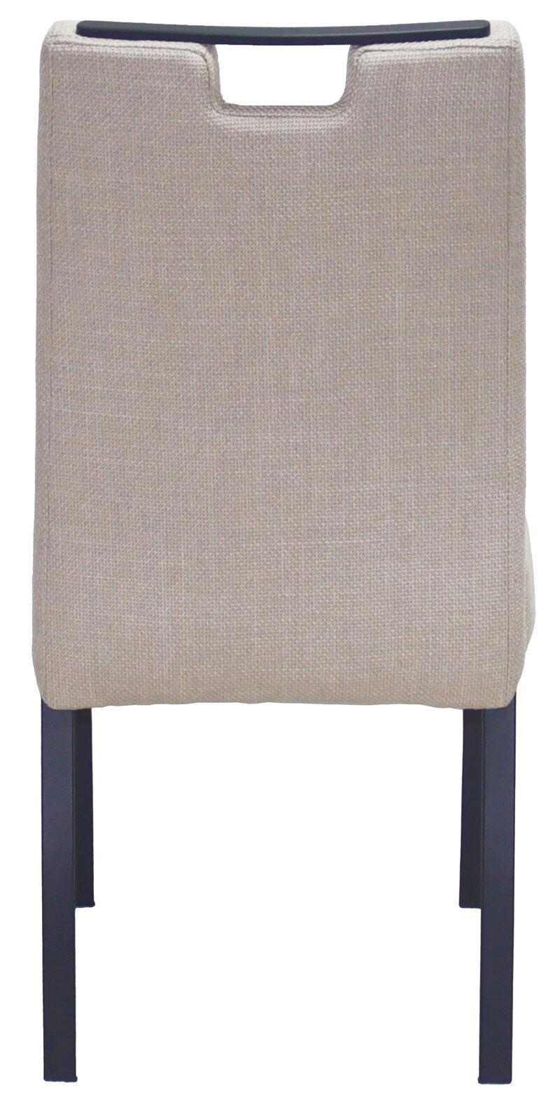 Rückansicht eines modernen Stuhls mit beigem Stoffbezug und schwarzen Metallbeinen.