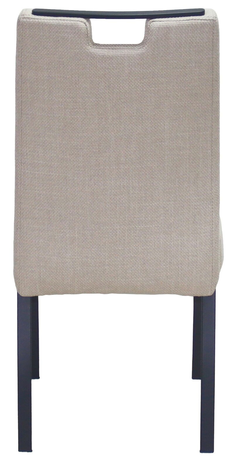 Rückansicht eines modernen Stuhls mit beigem Stoffbezug und schwarzen Metallbeinen.