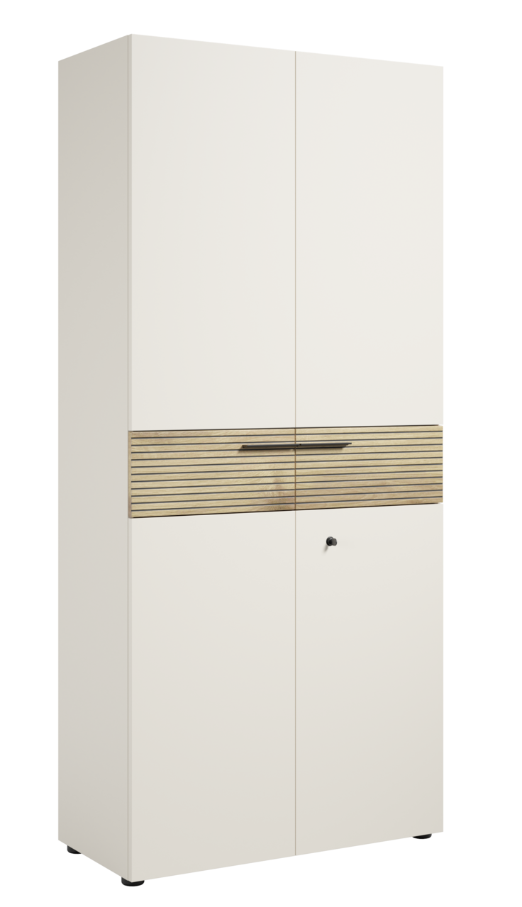 Weißer Aktenschrank mit zwei Türen und Holzdekorleiste, frontale Ansicht