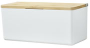 Weiße Aufbewahrungsbox mit einem Deckel aus Holz, seitliche Perspektive