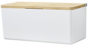 Weiße Aufbewahrungsbox mit einem Deckel aus Holz, seitliche Perspektive