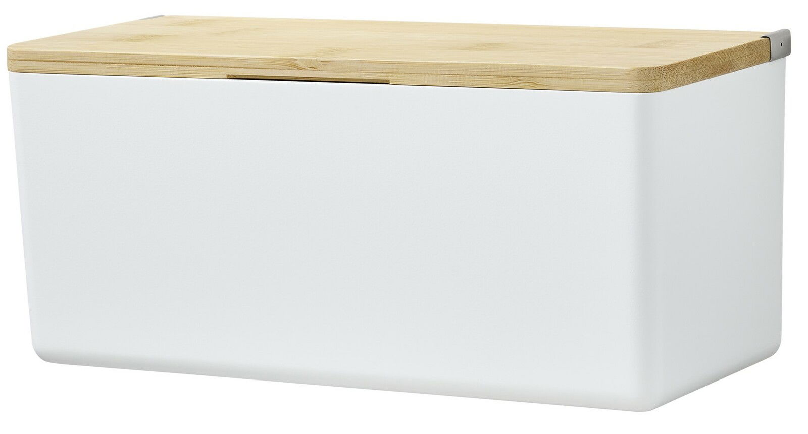 Weiße Aufbewahrungsbox mit einem Deckel aus Holz, seitliche Perspektive