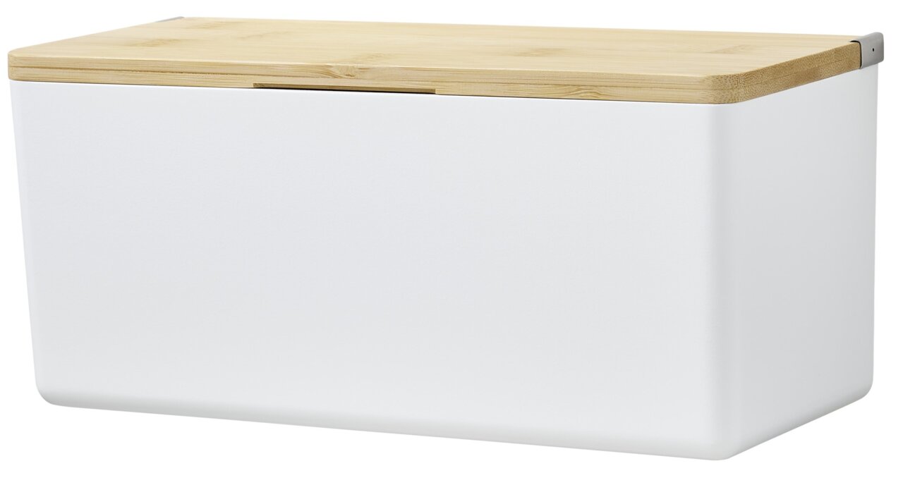 Weiße Aufbewahrungsbox mit einem Deckel aus Holz, seitliche Perspektive