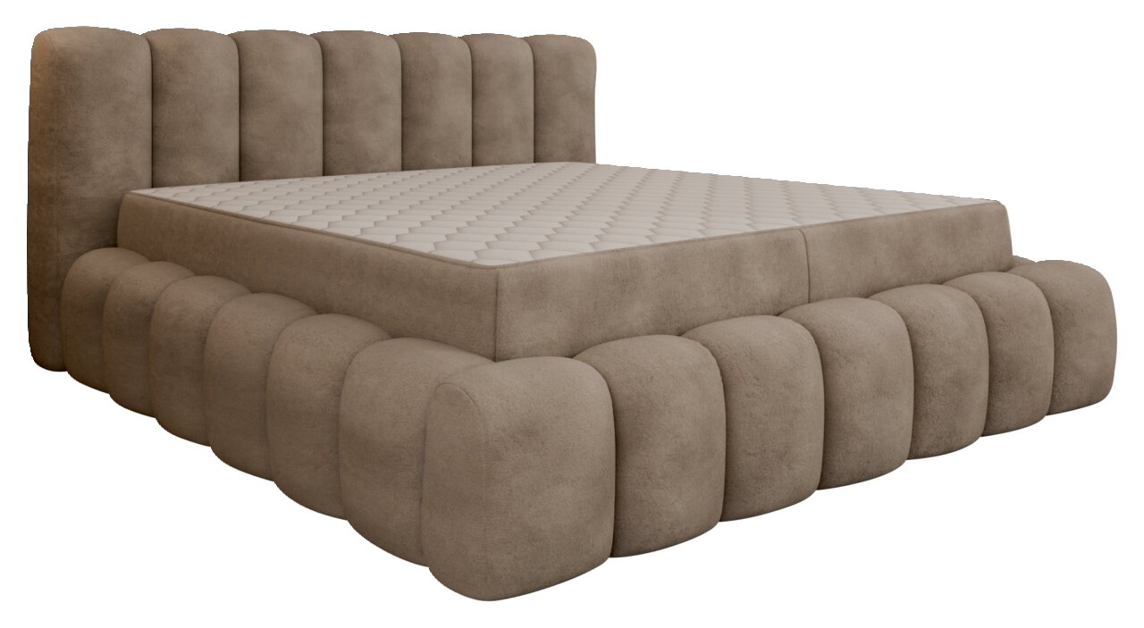 Gestoffeerd bed in beige met een gestoffeerd hoofdeinde en doorgestikt patroon, zijaanzicht