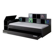 Schwarzes Kopfteil für Stauraumbett mit Minecraft-Motiven, seitliche Perspektive