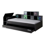 Schwarzes Kopfteil für Stauraumbett mit Minecraft-Motiven, seitliche Perspektive
