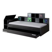 Schwarzes Kopfteil für Stauraumbett mit Minecraft-Motiven, seitliche Perspektive
