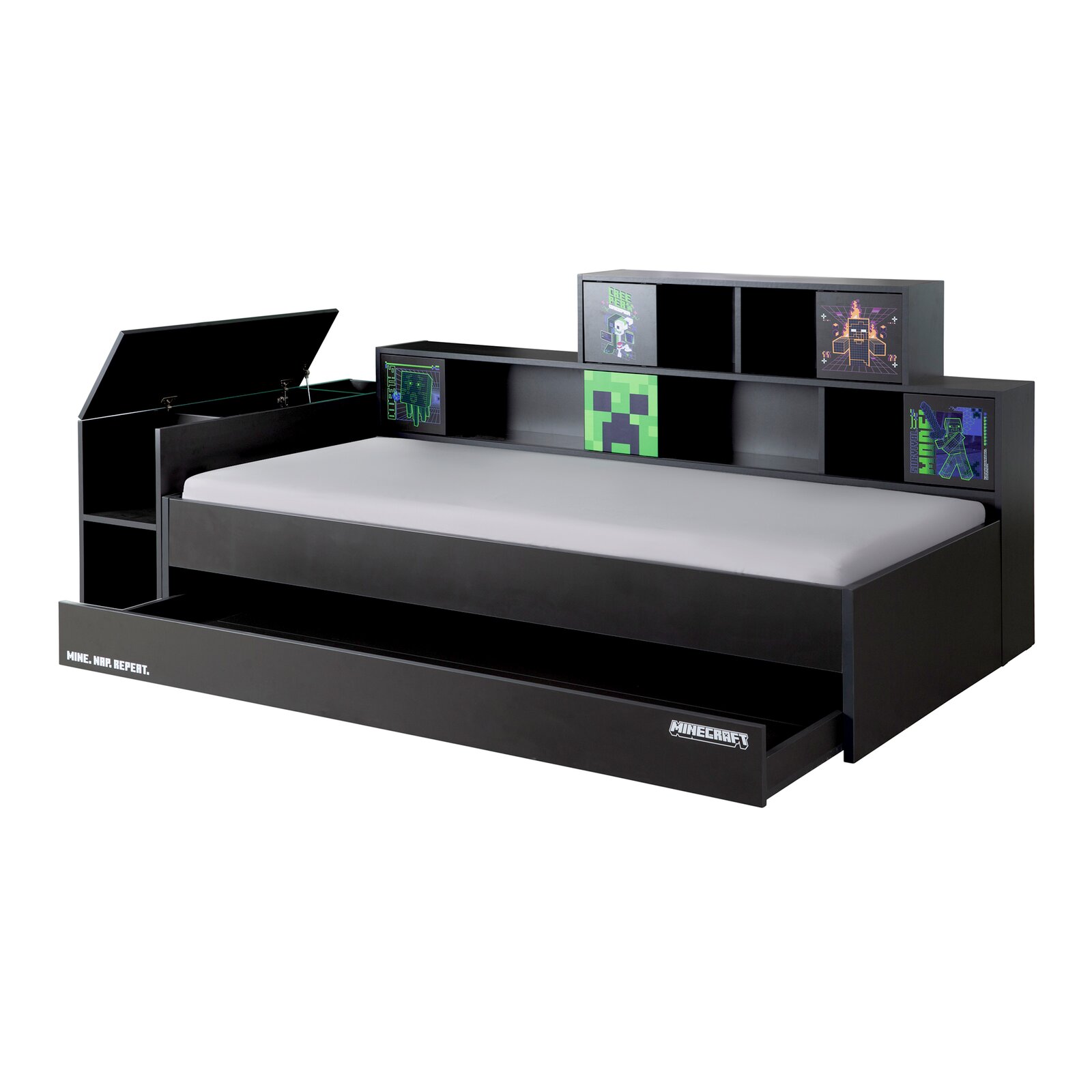 Schwarzes Kopfteil für Stauraumbett mit Minecraft-Motiven, seitliche Perspektive