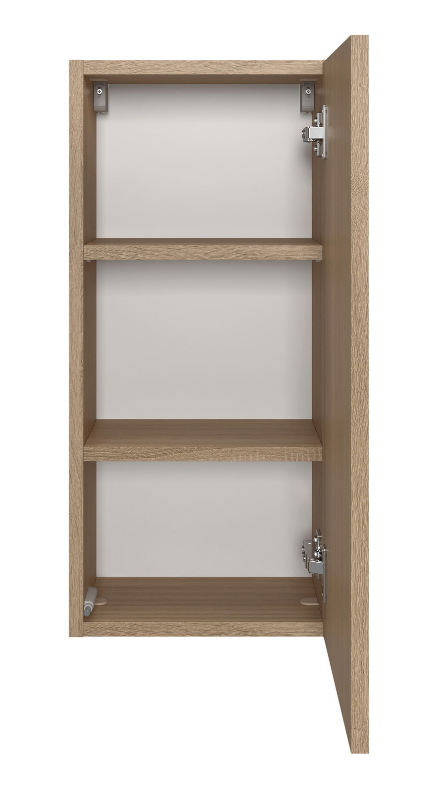 Geöffneter Hängeschrank aus Holz mit zwei Einlegeböden, frontale Ansicht