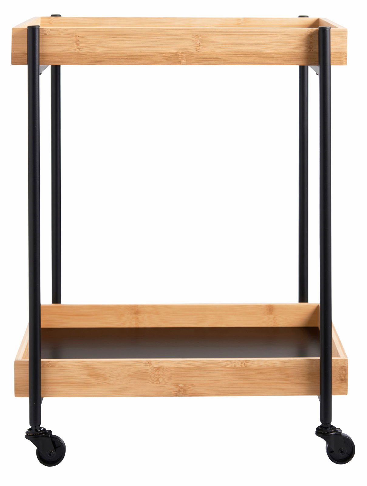 Servierwagen mit zwei Ablagen aus Holz und Metall, Vorderansicht