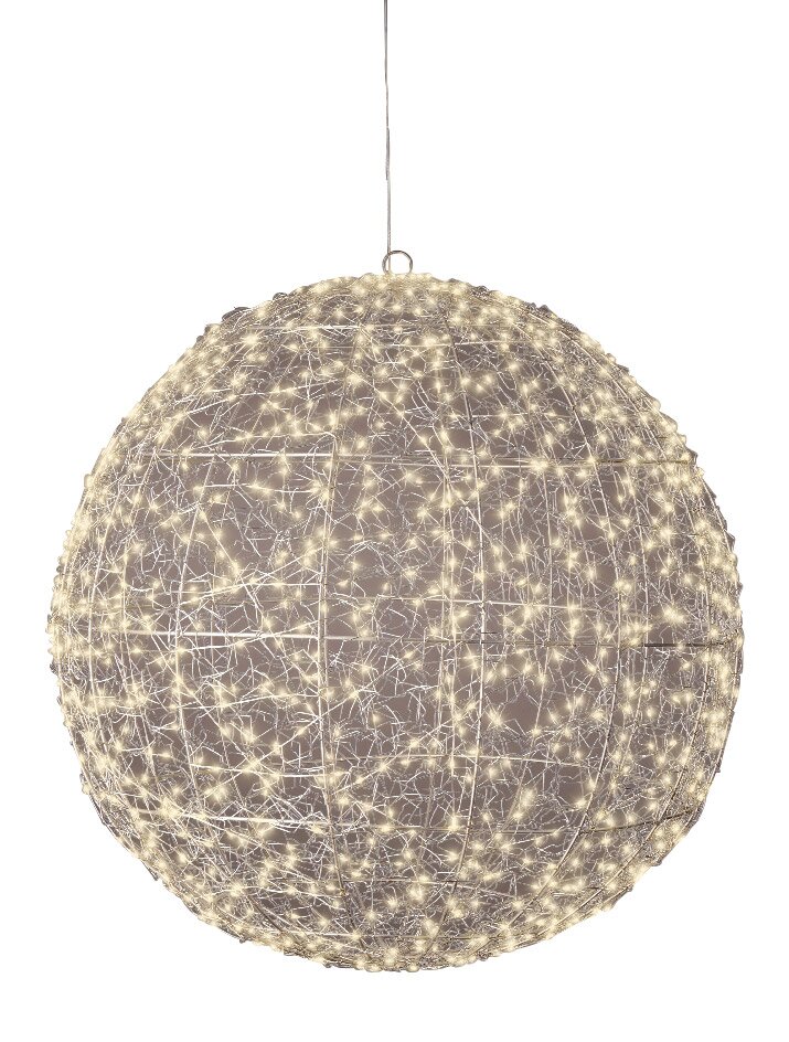 LED-Kugel aus Drahtgeflecht mit warmweißen Lichtern, hängend in frontaler Perspektive