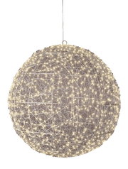 LED-Kugel aus Drahtgeflecht mit warmweißen Lichtern, hängend in frontaler Perspektive