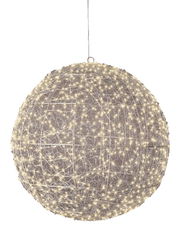 LED-Kugel aus Drahtgeflecht mit warmweißen Lichtern, hängend in frontaler Perspektive