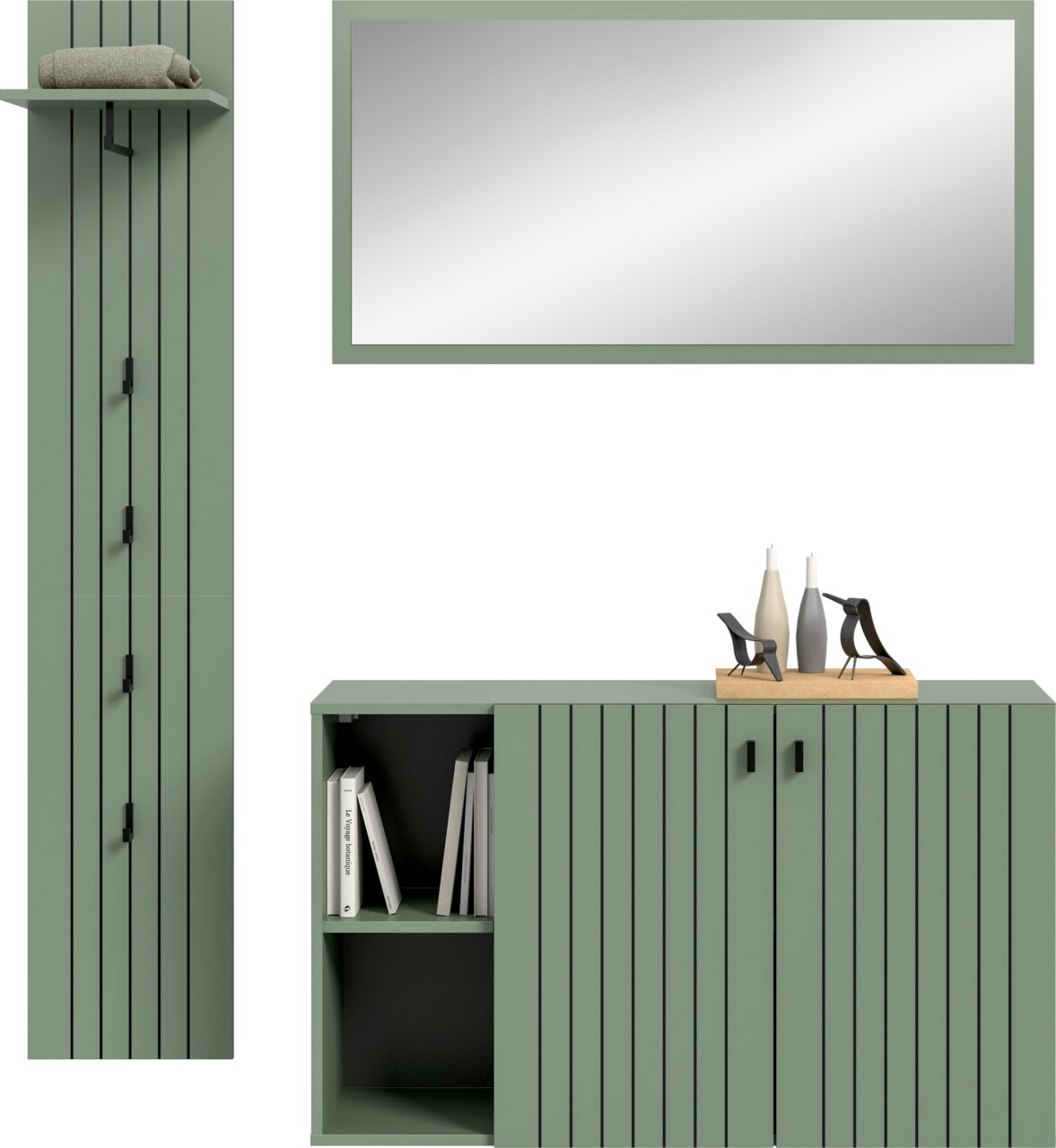 Modernes grünes Badezimmermöbel-Set mit Hochschrank, Waschtischunterschrank und großem Wandspiegel, Fronten mit vertikalen schwarzen Linien und schwarzen Griffen; frontal in leichter Schrägansicht von vorn.