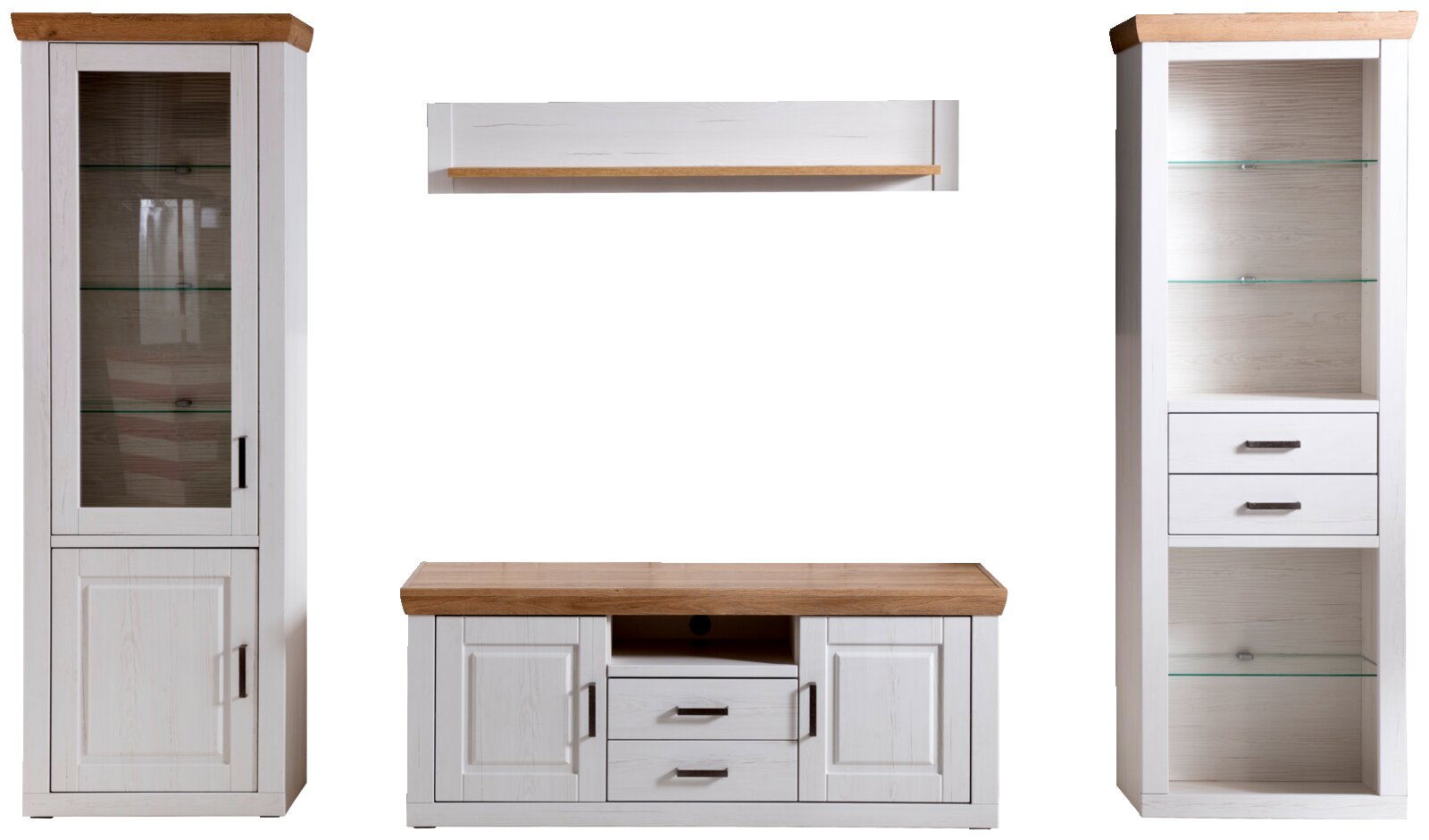Landscape Wandcombinatie BREGENZ Witte woonkamermeubelset in landhuisstijl met werkbladen in houtlook: links een vitrinekast met glazen deur en onderkast, in het midden een lowboard met twee deuren, twee lades en een open vak, bovenaan een wandplank, rechts een hoge kast met glazen plank