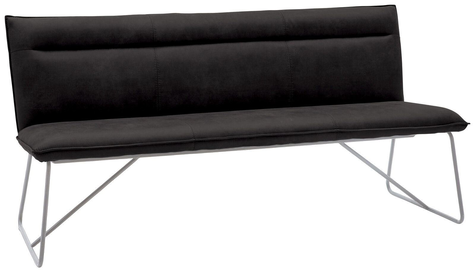 Schwarze Bank mit modernem Design und Metallbeinen, seitliche Perspektive