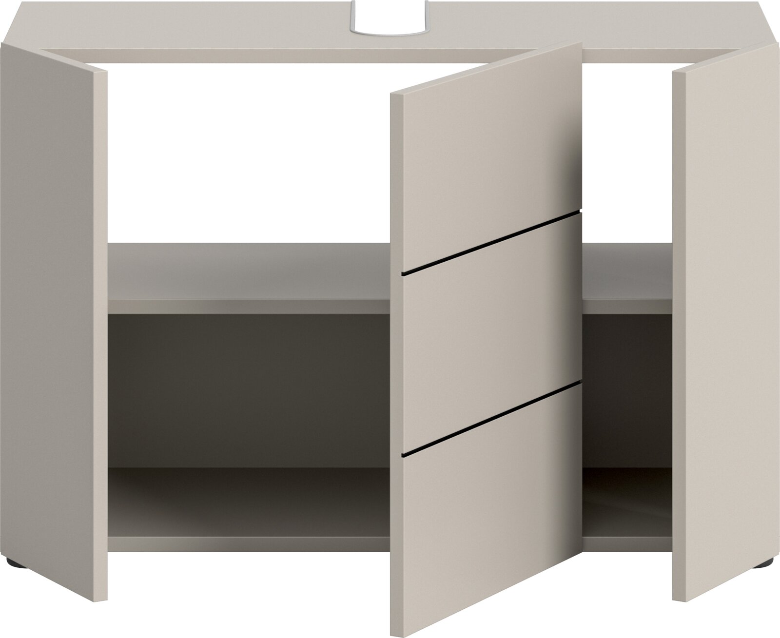 Heller Badezimmerschrank/Waschtischunterschrank mit zwei geöffneten Türen und sichtbaren Innenfächern, frontale Ansicht mit leichtem Blick von oben