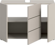Heller Badezimmerschrank/Waschtischunterschrank mit zwei geöffneten Türen und sichtbaren Innenfächern, frontale Ansicht mit leichtem Blick von oben