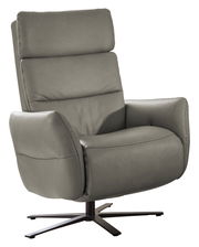 Moderner grauer Fernsehsessel mit hoher Rückenlehne und drehbarem Fuß, seitliche Perspektive