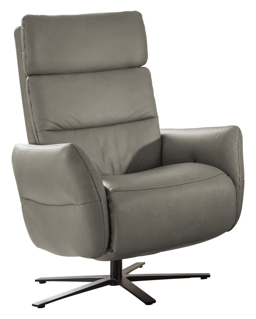 Moderner grauer Fernsehsessel mit hoher Rückenlehne und drehbarem Fuß, seitliche Perspektive