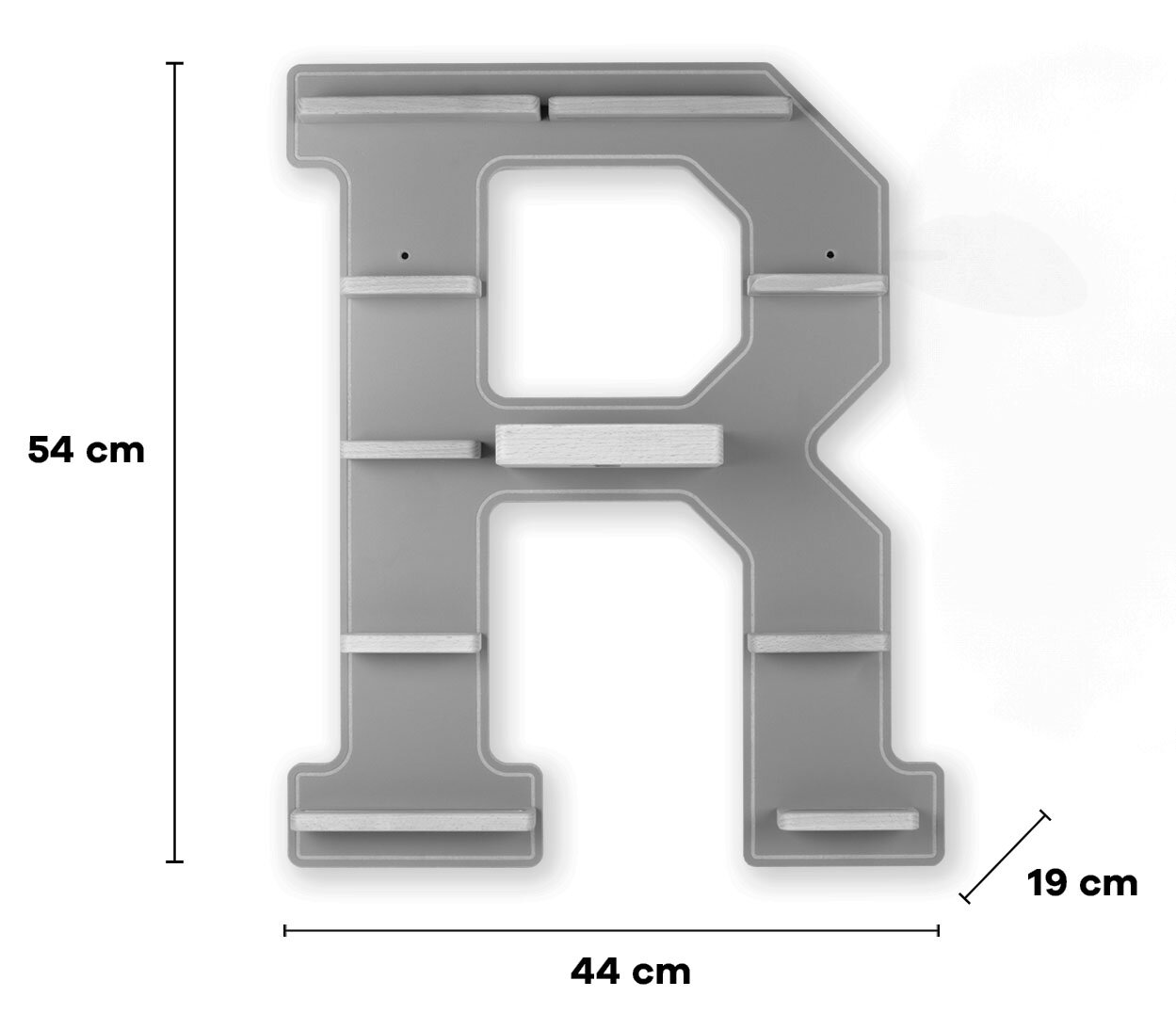 Graues, buchstabenförmiges Wandregal in Form des Buchstabens R mit mehreren kleinen Ablageleisten, Maße 54 x 44 x 19 cm, frontale Ansicht.