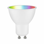 LED Leuchtmittel mit GU10-Sockel, seitliche Perspektive, mit Regenbogeneffekt im Inneren des Reflektors