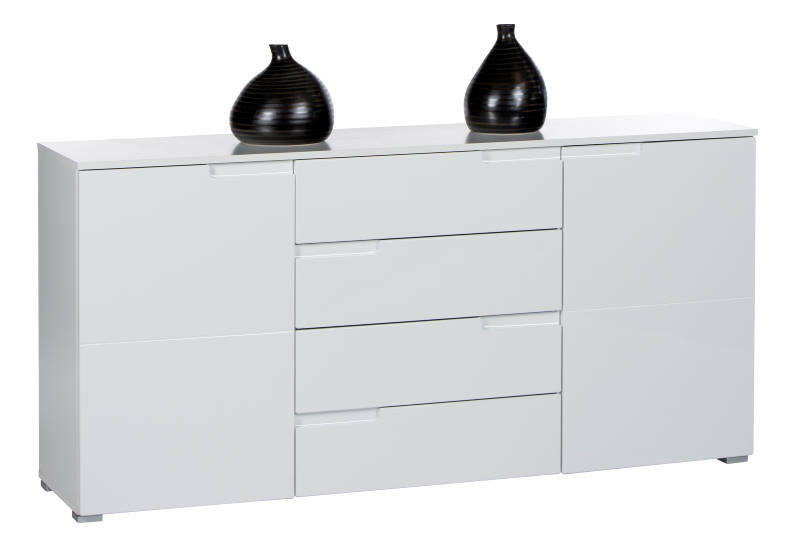 Weißes Sideboard mit zwei schwarzen Vasen, frontal betrachtet