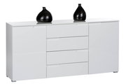 Weißes Sideboard mit zwei schwarzen Vasen, frontal betrachtet