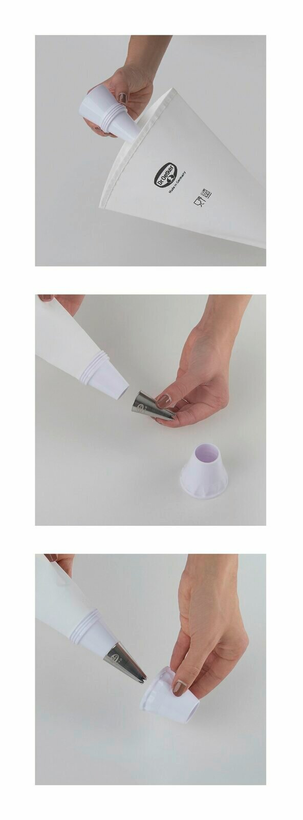 Spritzbeutel-Set mit zwei Tüllen, aus der Perspektive einer Hand, die den Beutel und die Tüllen hält und montiert.