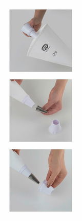 Spritzbeutel-Set mit zwei Tüllen, aus der Perspektive einer Hand, die den Beutel und die Tüllen hält und montiert.