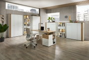 Moderner Bürostuhl in einem stilvollen Büro mit Schreibtisch und Regalen, seitliche Perspektive