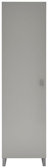 Moderner grauer Garderobenschrank mit vertikalen Linien und Griff, Frontalansicht