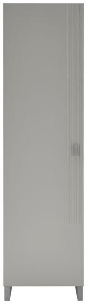 Moderner grauer Garderobenschrank mit vertikalen Linien und Griff, Frontalansicht