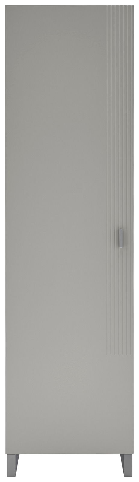 Moderner grauer Garderobenschrank mit vertikalen Linien und Griff, Frontalansicht