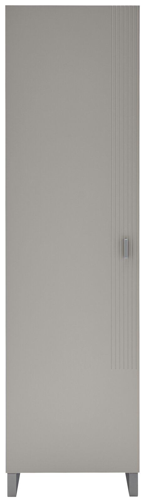 Moderner grauer Garderobenschrank mit vertikalen Linien und Griff, Frontalansicht
