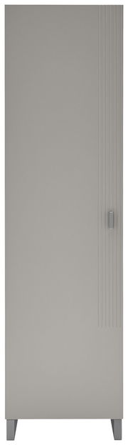 Moderner grauer Garderobenschrank mit vertikalen Linien und Griff, Frontalansicht