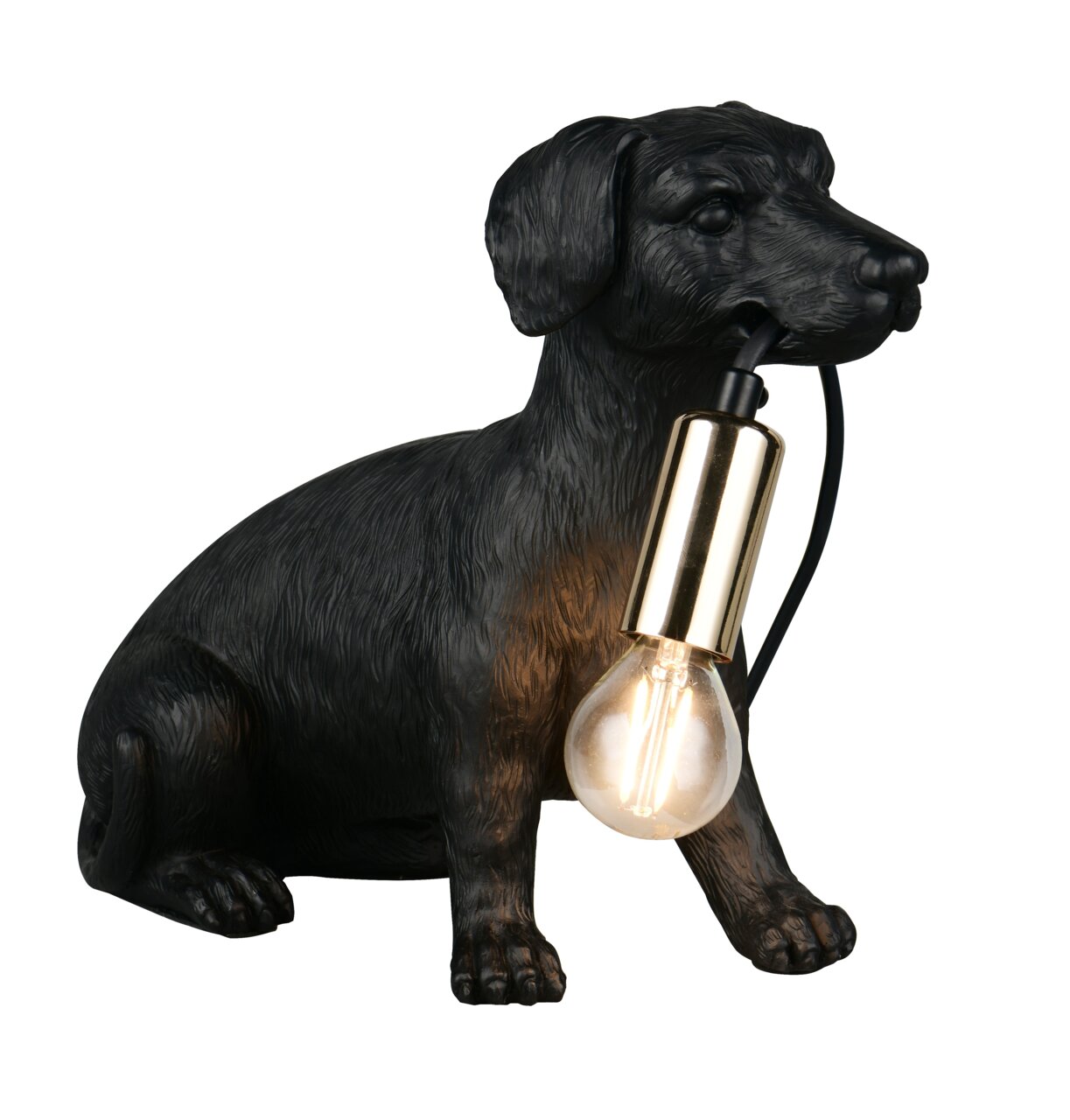 Tischleuchte in Form eines schwarzen Hundes mit einer Glühbirne im Maul, seitliche Perspektive