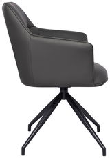 Seitenansicht eines modernen Armlehnstuhls mit schwarzem Metallgestell und grauem Polster.