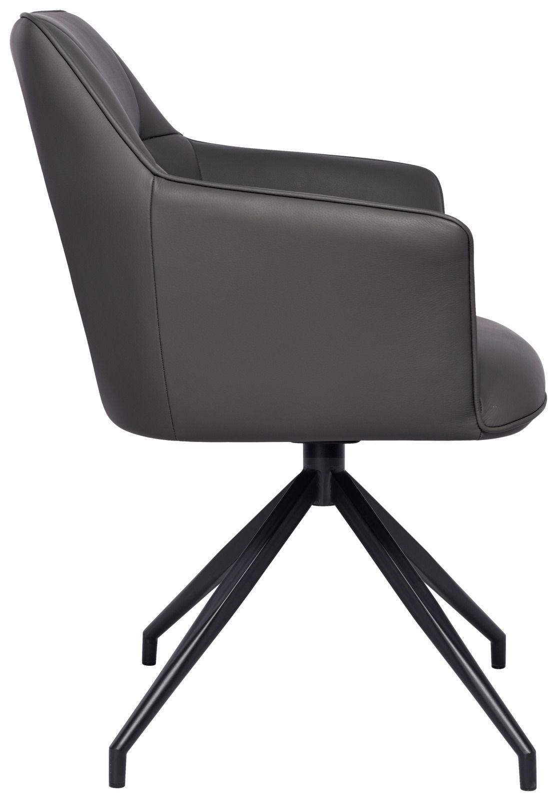 Seitenansicht eines modernen Armlehnstuhls mit schwarzem Metallgestell und grauem Polster.