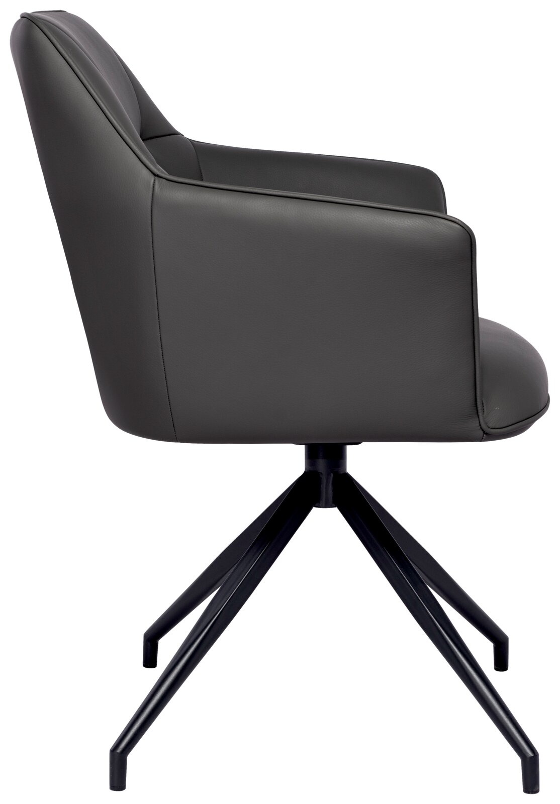 Seitenansicht eines modernen Armlehnstuhls mit schwarzem Metallgestell und grauem Polster.