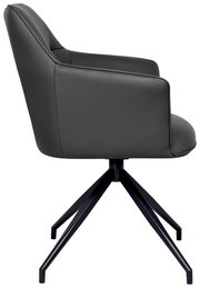 Seitenansicht eines modernen Armlehnstuhls mit schwarzem Metallgestell und grauem Polster.