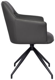 Seitenansicht eines modernen Armlehnstuhls mit schwarzem Metallgestell und grauem Polster.