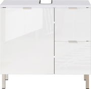 Moderner weißer Unterschrank mit zwei Türen und zwei Schubladen, Frontansicht.