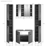 Badkombination bestehend aus einem Spiegelschrank und zwei Hochschränken in grauer Farbe, mit offenen Türen, die die Innenfächer zeigen. Frontale Ansicht.