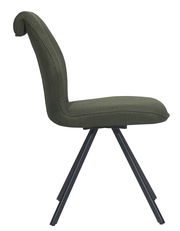 Moderner Stuhl mit grünem Stoffbezug und schwarzem Metallgestell, Seitenansicht